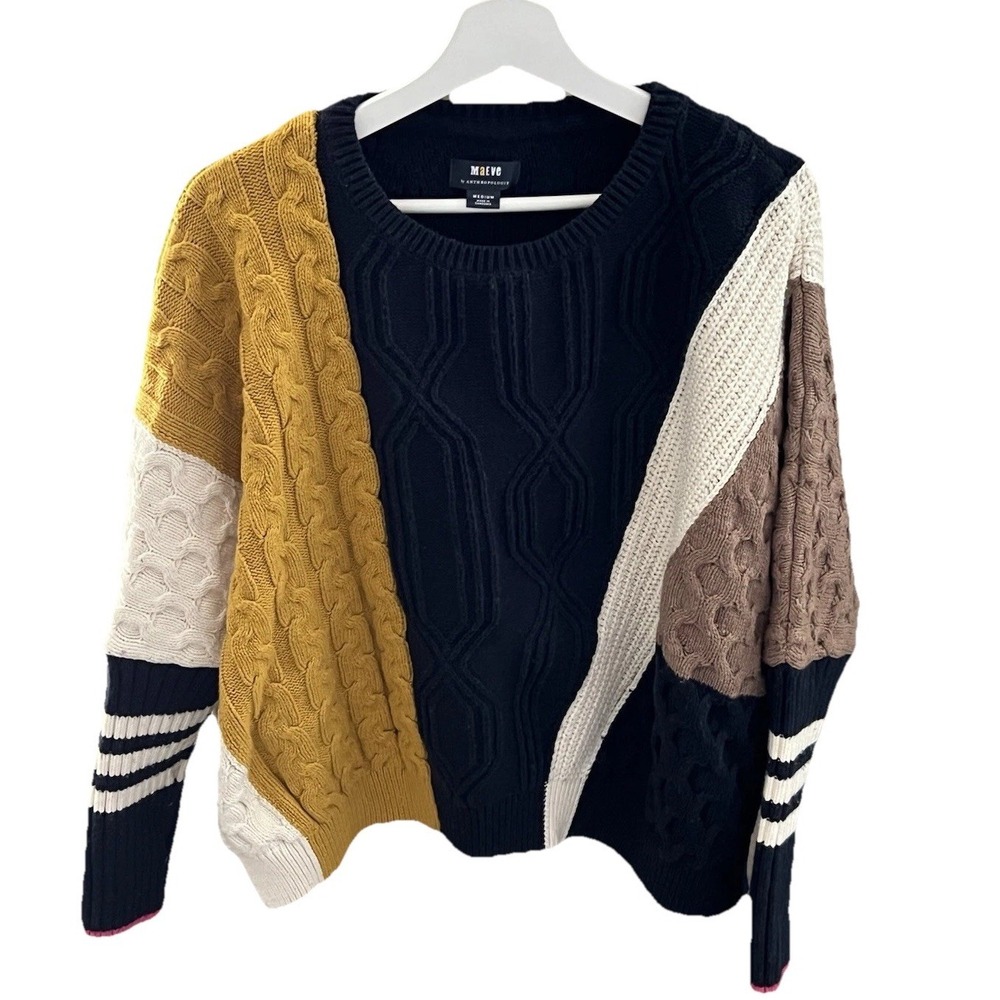 Anthropologie Maeve Oversized Boxy Colorblock Cable Knit Wool Sweater Size M